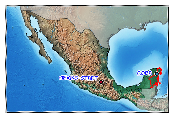 Karte mit Mexiko-Stadt und Cobá