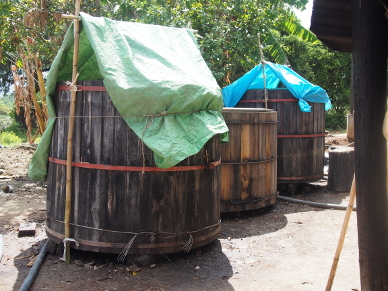 Gefüllte Holzfässer bei Félix Ángeles in Santa Catarina Minas.